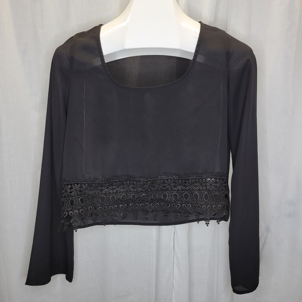 Tobi Sheer Long Sleeve Scoop Neck Crop Top w/ Crochet Trim Bell Sleeve, S